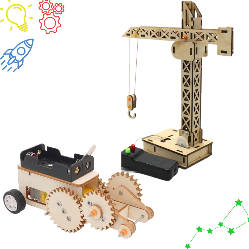 STEM engineering kit with remote controlled crane and gear shuttle car projects for kids