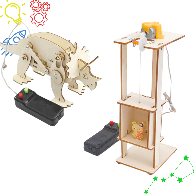 STEM engineering kit with remote controlled walking dinosaur and remote controlled elevator projects for kids