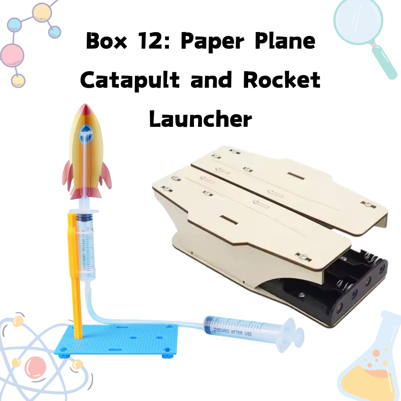Build-It Science subscription month 12 – paper plane catapult and rocket launcher projects.