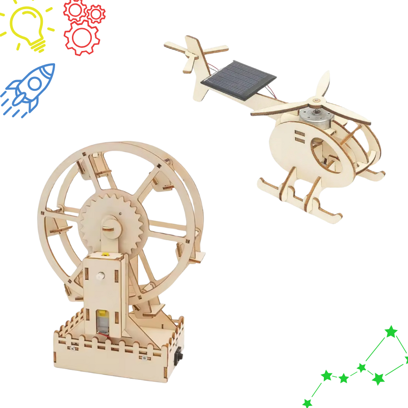 STEM engineering kit with Ferris wheel and solar powered helicopter projects for kids
