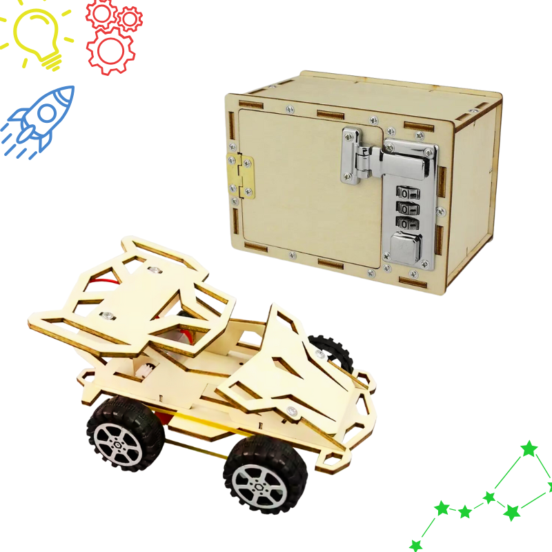 STEM engineering kit with mechanical safe and 4WD car projects for kids