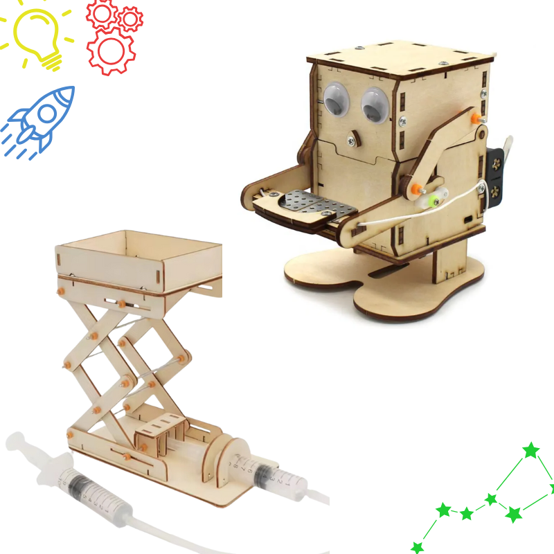 STEM engineering kit with coin eating robot and hydraulic lift projects for kids