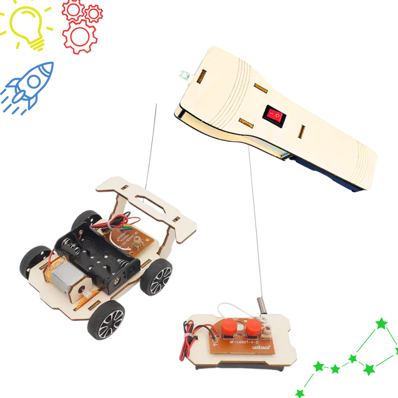 STEM engineering kit with remote controlled car and build-your-own flashlight projects for kids
