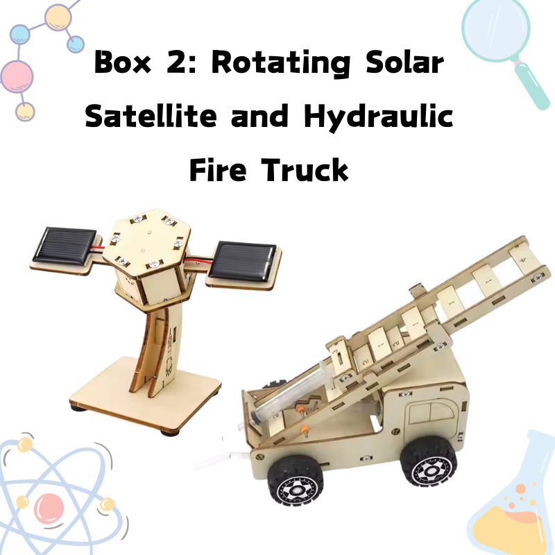 Build-It Science subscription month 2 – rotating solar satellite and pneumatic fire truck projects.