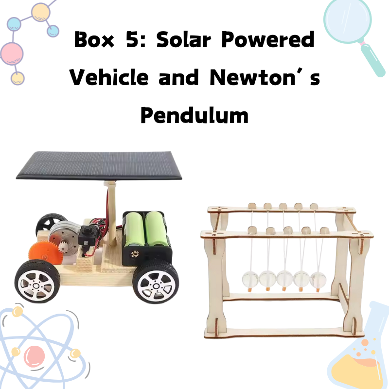 Build-It Science subscription month 5 – solar powered vehicle and Newton’s pendulum projects.