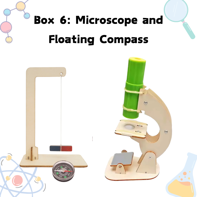 Build-It Science subscription month 6 – microscope and floating compass projects.